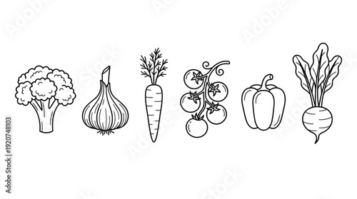 Vegetable Vector Icons Collection | Broccoli, Garlic, Carrot, Tomato Vine, Bell Pepper, Beetroot with Leaves, Healthy Food Graphics, Organic Farm Produce Line Art Pack