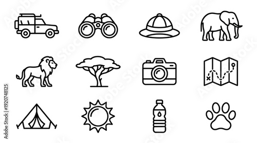 Safari Adventure Vector Icons Collection | Jeep, Binoculars, Hat, Elephant, Lion, Acacia Tree, Tent, Camera, Map, Sun, Water Bottle, Paw Print Graphics