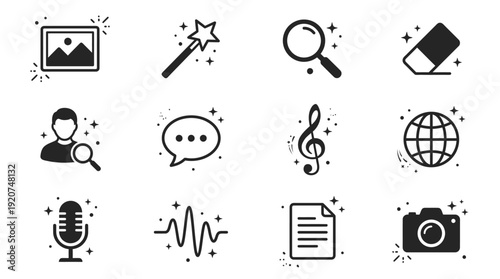 Digital Tools Vector Icons Collection | Sparkle Multimedia Graphics, Magic Wand, Microphone, Camera, Globe, Music Note, Document, Eraser, Search, Communication, Audio Editing Pack