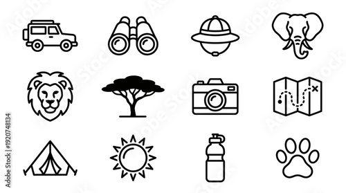 Safari Adventure Vector Icons Collection | Jeep, Binoculars, Hat, Elephant, Lion, Acacia Tree, Tent, Camera, Map, Sun, Water Bottle, Paw Print Graphics