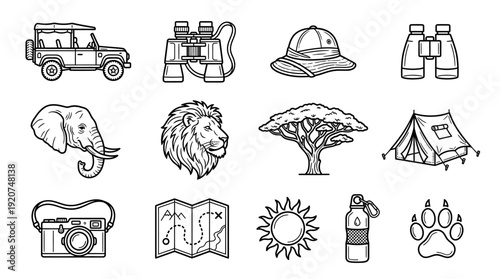 Safari Adventure Vector Icons Collection | Jeep, Binoculars, Hat, Elephant, Lion, Acacia Tree, Tent, Camera, Map, Sun, Water Bottle, Paw Print Graphics
