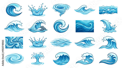 Ocean Wave Vector Icons Collection | Stylized Blue Water Splash, Cresting Surf, Fluid Motion, Swirl Patterns, Calm Sea Graphics, Dynamic Wave Art Design Pack