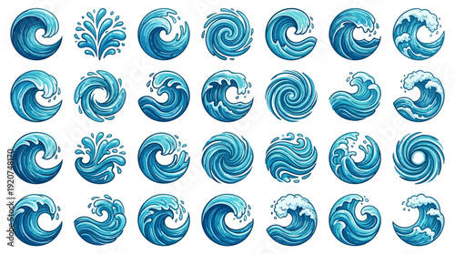 Ocean Wave Vector Icons Collection | Stylized Blue Water Splash, Cresting Surf, Fluid Motion, Swirl Patterns, Calm Sea Graphics, Dynamic Wave Art Design Pack