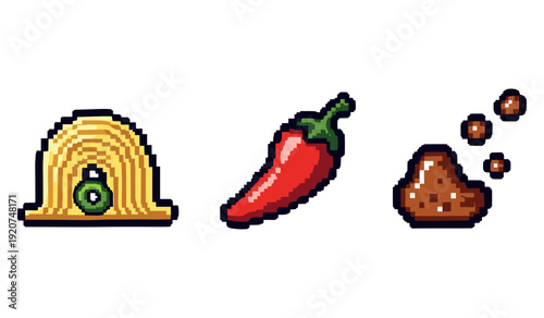 Pixel art icons: spaghetti, chili pepper, meatballs