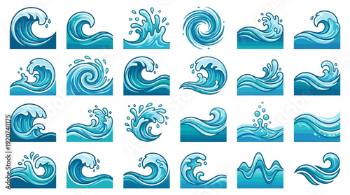 Ocean Wave Vector Icons Collection | Stylized Blue Water Splash, Cresting Surf, Fluid Motion, Swirl Patterns, Calm Sea Graphics, Dynamic Wave Art Design Pack