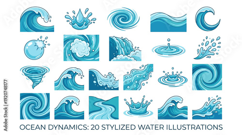 Ocean Wave Vector Icons Collection | Stylized Blue Water Splash, Cresting Surf, Fluid Motion, Swirl Patterns, Calm Sea Graphics, Dynamic Wave Art Design Pack