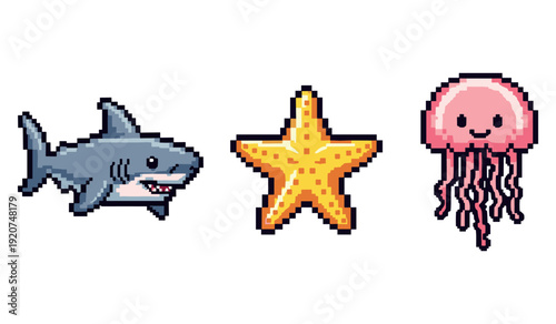 Pixel art sea creatures: shark, starfish, jellyfish collection