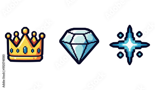 Pixel art: crown, diamond, and star symbol trio on white background