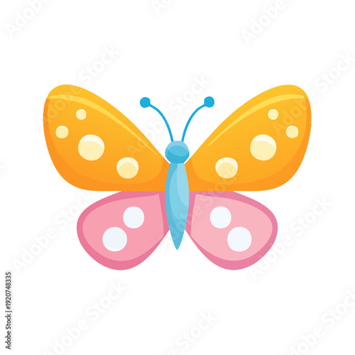 A colorful butterfly, its wings adorned with a mix of vibrant hues and playful patterns. The image captures the essence of spring, showcasing a butterfly's delicate beauty
