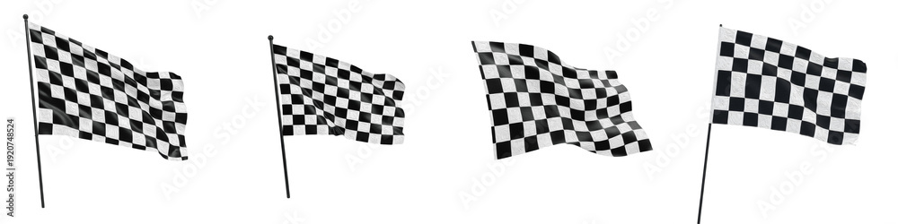 Fototapeta premium Checkered Race Flags Set, Waving Black and White Finish Line Flags on Poles, Auto Racing and Motorsport Competition Symbols, Sports Victory Icon PNG