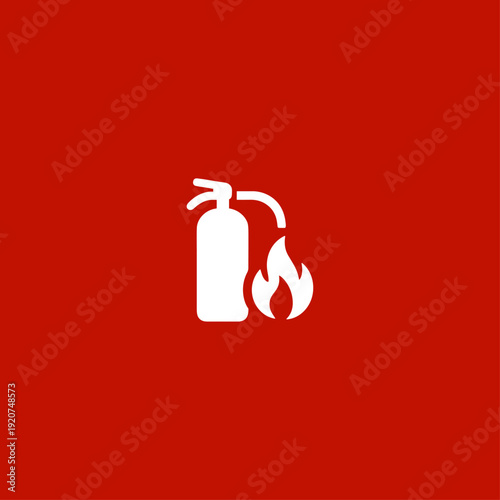 Fire extinguisher and flame icon. A white vector graphic symbolizing fire safety and emergency response, isolated on a solid red background.
