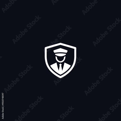 Security guard officer in uniform with cap and tie, depicted within a shield emblem. This vector illustration features a minimalist white silhouette on a dark charcoal background