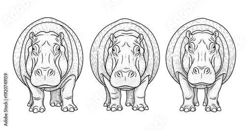 Three illustrated hippos in detailed black and white sketch style