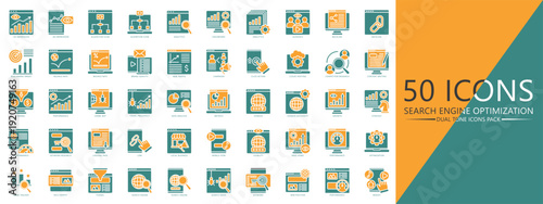 Search Engine Optimization dual tone icon pack. contain web traffic, brand identity, campaign, algorithm, analytics, audience, target, rate, and more. Vector for UI, UX kit, web and app development