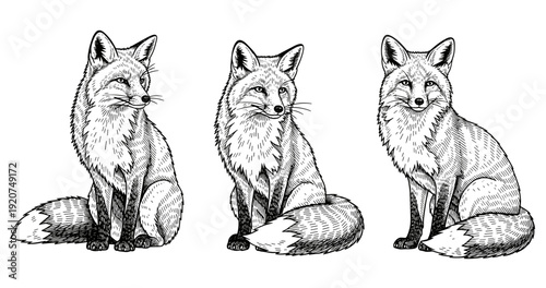 Three detailed sketches of sitting foxes