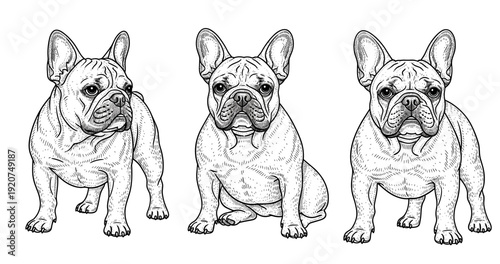 Three french bulldogs in detailed black and white line art illustration