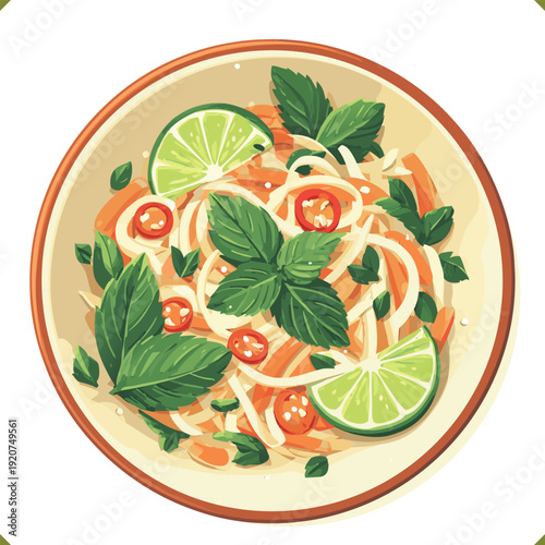 Vector illustration of Thai green papaya salad som tum with lime slices, chili peppers, and fresh herbs in a bowl, top view, isolated on a white background