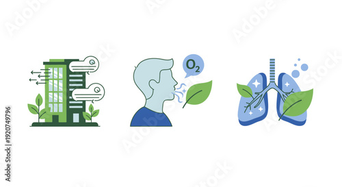 Green Building Improves Air Quality for Healthy Human Life Icon Set