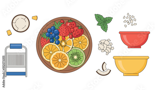 Colorful fruit salad ingredients including berries, citrus, kiwi, and kitchen utensils