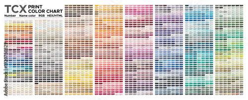Color chart of fashion, home, and interior color palette for cotton test printing. With numbers, swatch name, RGB, HTML, and HEX