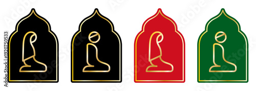 Muslim prayer room sign set in arch frames. Vector illustration featuring Islamic praying figure icons with golden outlines for mosque interiors, religious signage and public prayer spaces.