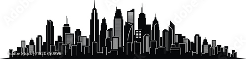 Black and white city skyline with tall buildings and skyscrapers