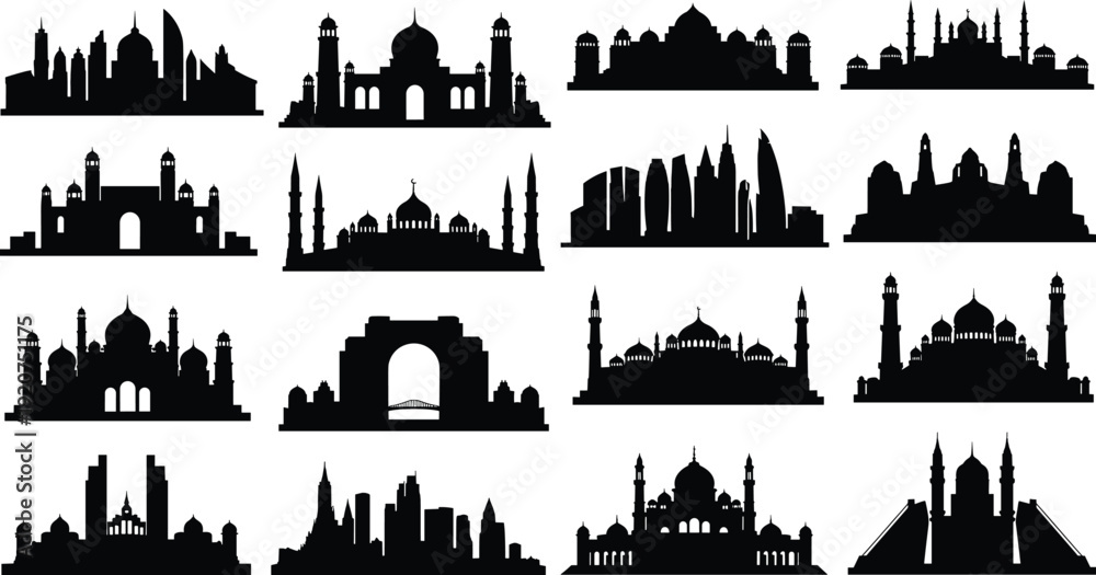 Fototapeta premium Collection of black and white silhouette of various architectural landmarks and city skylines