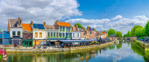 Amiens cityscape, Panorama of Amiens old town Saint-Leu quarter, embankment Quai Belu of Somme river water canal, traditional houses, Panoramic view of Amiens historic city centre, Picardy, France