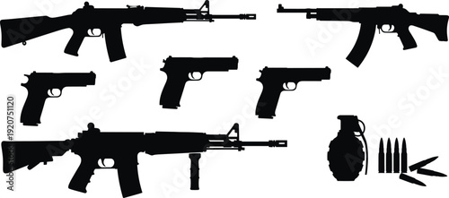 Black Silhouettes of Assault Rifles, Handguns, Grenade, and Bullets