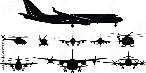 Black Silhouettes of Various Military Aircraft Including Helicopters and Planes