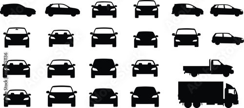 Collection of black and white car silhouettes including sedans vans and a truck