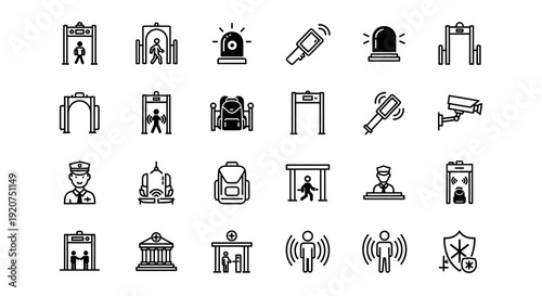 Security icon set featuring 24 minimalist black and white line vector illustrations of metal detectors, surveillance cameras, security guards, and safety equipment. This collection represents public s
