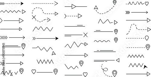 Collection of black and white line with various directional arrows and symbols line directional arrows