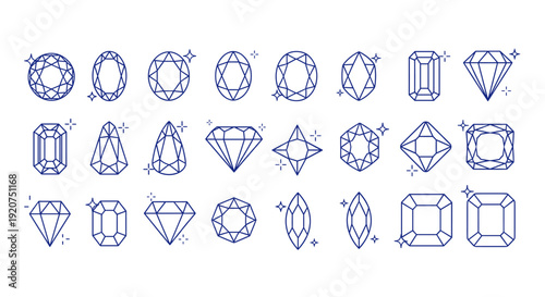A comprehensive set of blue line icons featuring various gemstone and diamond cuts, including round, emerald, pear, and marquise shapes. This minimalist vector illustration captures themes of luxury, 