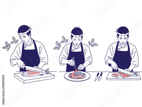 Professional Japanese sushi chefs in traditional attire preparing fresh seafood in a navy blue and red minimalist line art style. The illustration depicts the culinary process of slicing whole fish, p