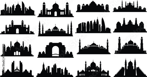 Collection of black and white silhouette of various architectural landmarks and city skylines