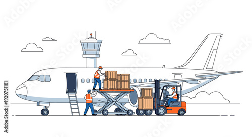 Air cargo logistics and supply chain management illustration featuring ground crew loading crates into a commercial airplane. This flat line art vector depicts air freight transportation, global trade