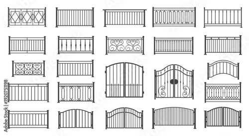 Metal fence, gate, and railing vector silhouettes collection featuring diverse architectural designs for security and home improvement. This comprehensive set includes wrought iron patterns, forged me