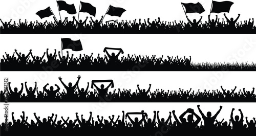 Crowd of Silhouettes Waving Black Flags and Arms in Celebration white