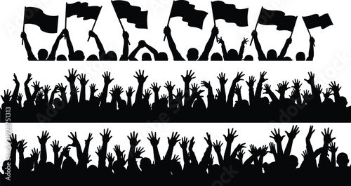 Crowd of Silhouettes Waving Hands and Flags in Black and White