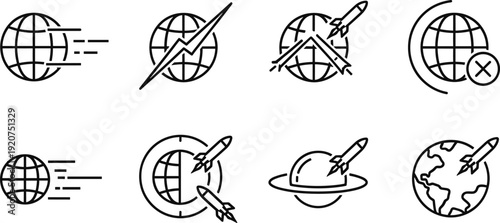 Eight black and white line of globes with rockets and motion lines earth