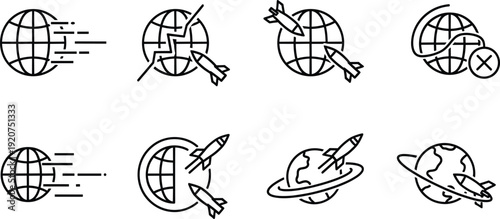Eight black and white globe with rockets and speed lines space