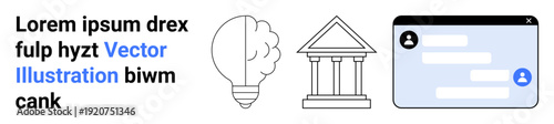 Creativity, education, technology, innovation, communication, knowledge sharing. Light bulb, institutional building and chat interface icons. Creativity and education concepts with modern