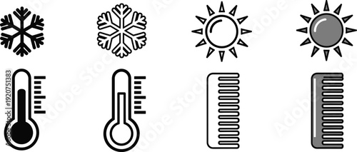 Set of weather and temperature including snowflakes, sun, and thermometers weather snowflakes cold
