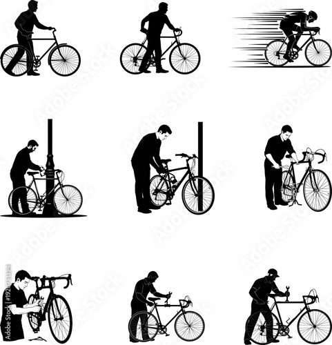 Illustrations of a person performing various actions with a bicycle