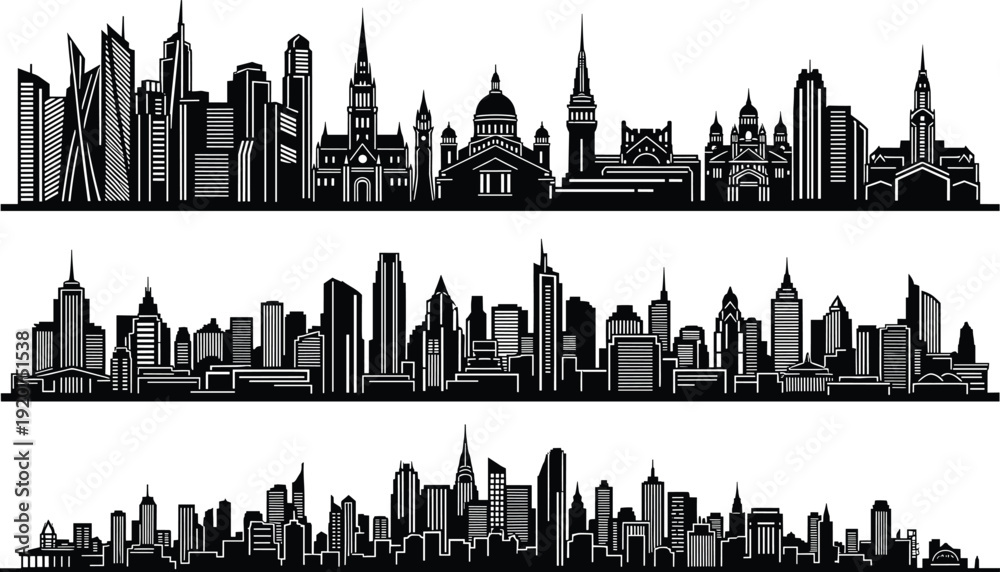 Obraz premium Three black and white city skyline with various buildings and architectural styles skyscrapers churches