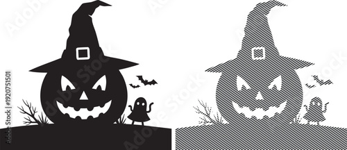 Halloween jackolanterns in black and white with bats and spiders