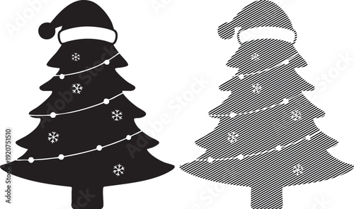 Black and gray christmas trees with hats and lights