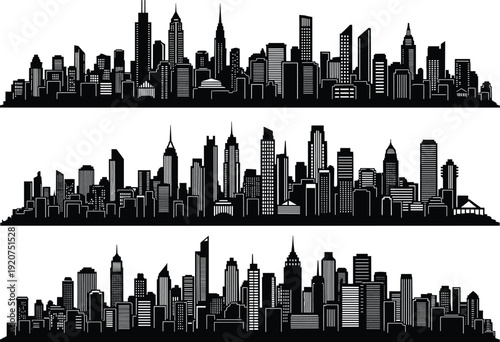 Three black and white city skyline with tall buildings and skyscrapers urban landscape
