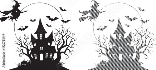 Halloween haunted house scene with bats and witch flying around spooky trees silhouette vector art